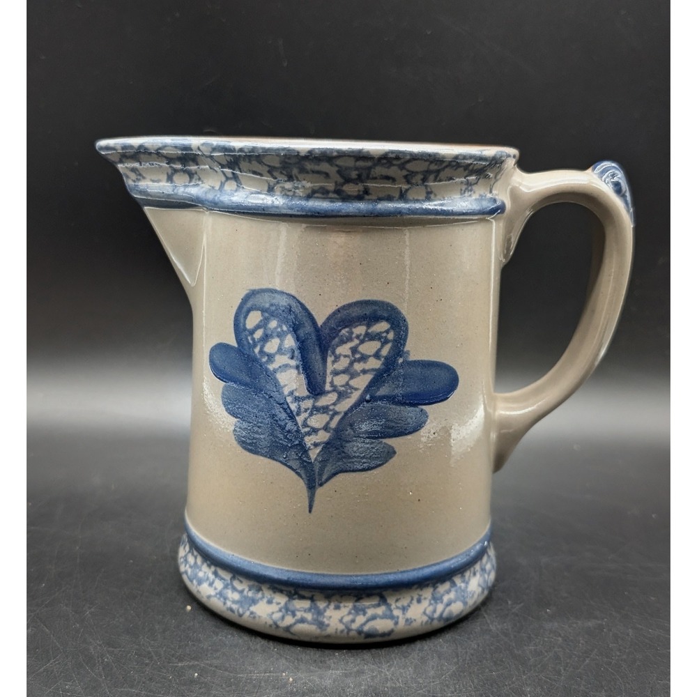 Vintage 1996 BBP Salt Glazed Stoneware Pitcher Cobalt Blue Heart Spongeware